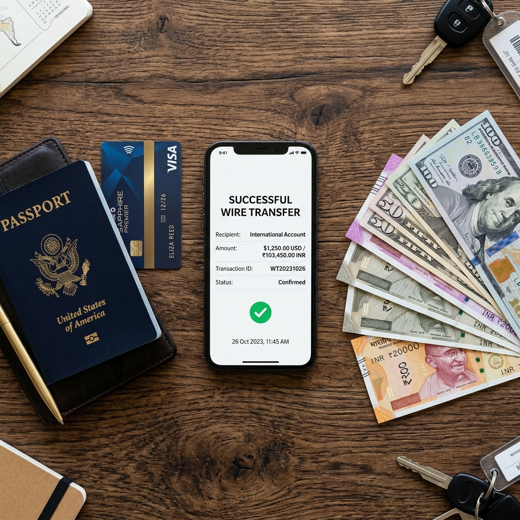 International transaction concept showing money and transaction card