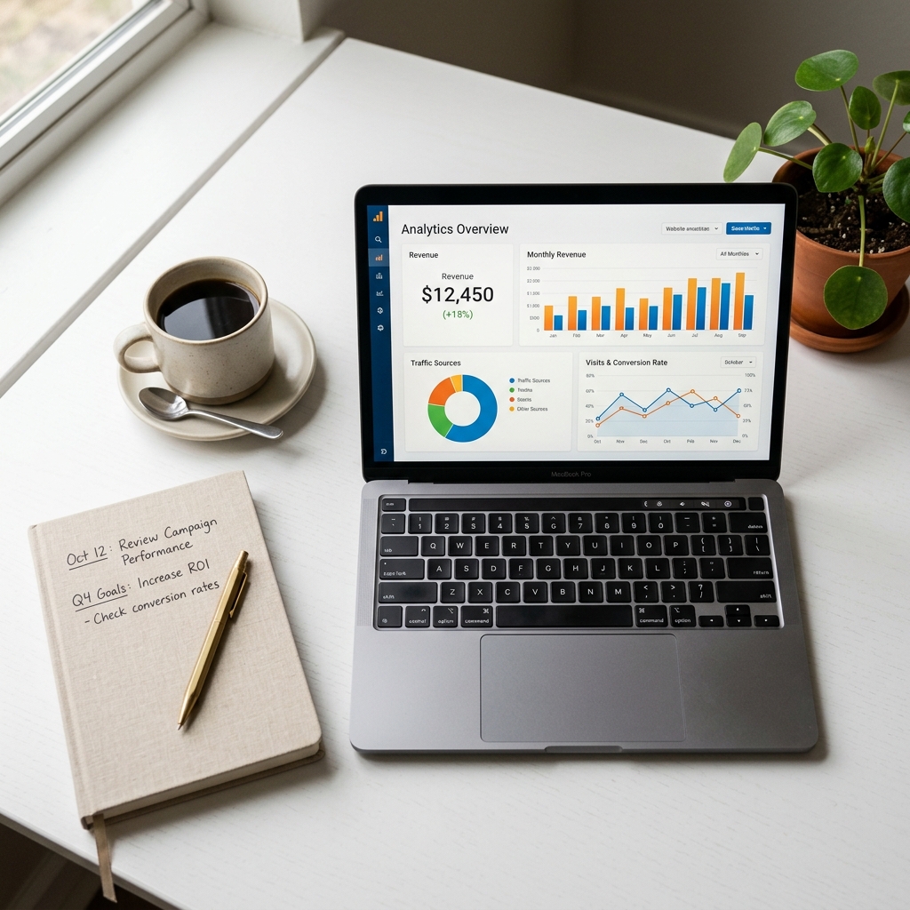 Website analytics and revenue charts on laptop