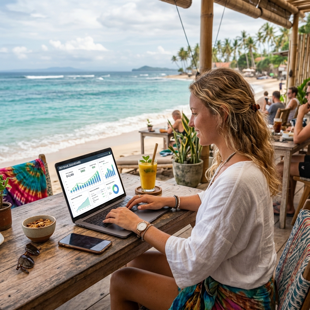 Digital nomad working on laptop at beachside cafe