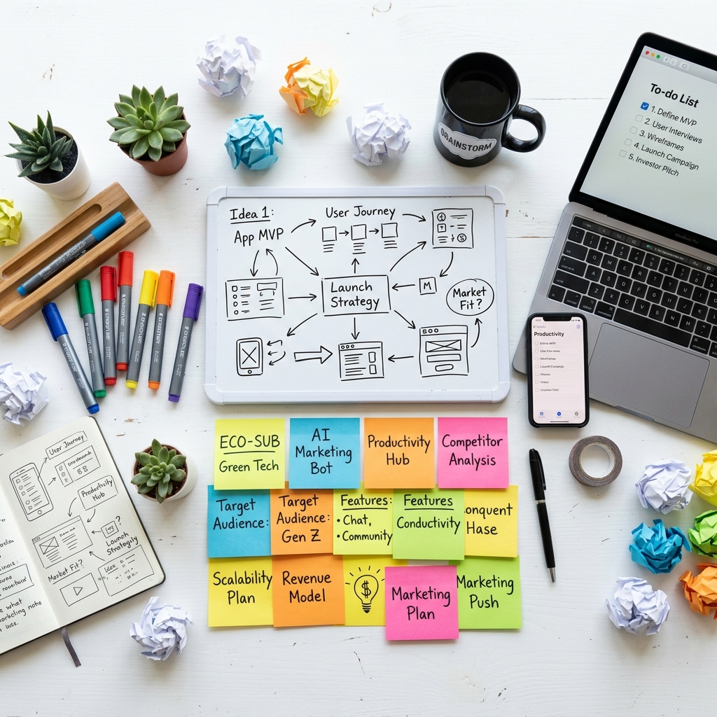 Brainstorming workspace with sticky notes and ideas